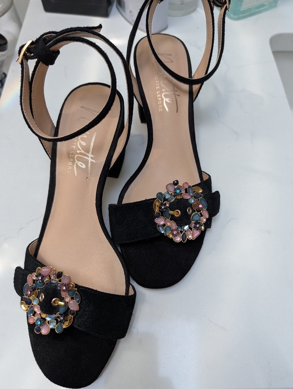 Nanette Lepore in Black Suede Ankle-Strap Heels with Multicolor Crystals
